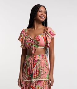 Blusa Cropped em Viscose Amarração com Miçanga e Estampa de Tucanos