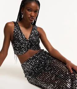 Blusa sem Manga em Paetê Metalizado com Franzidinho no Decote