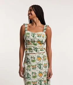 Blusa de Alça Cropped em Viscose e Linho com Estampa Tropical