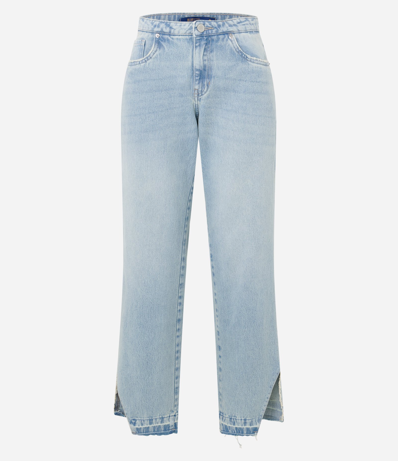 Calça Reta em Jeans com Cintura Média e Fendas Cortadas Azul 6