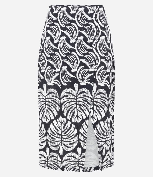 Saia Midi em Viscose e Linho com Fenda e Estampa Bananinhas