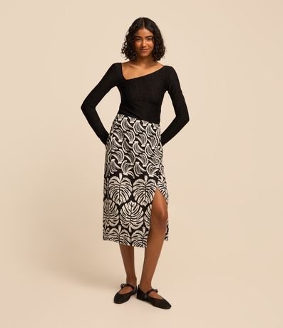Saia Midi em Viscose e Linho com Fenda e Estampa Bananinhas Menor preço em Saia Midi em Viscose e Linho com Fenda e Estampa Bananinhas