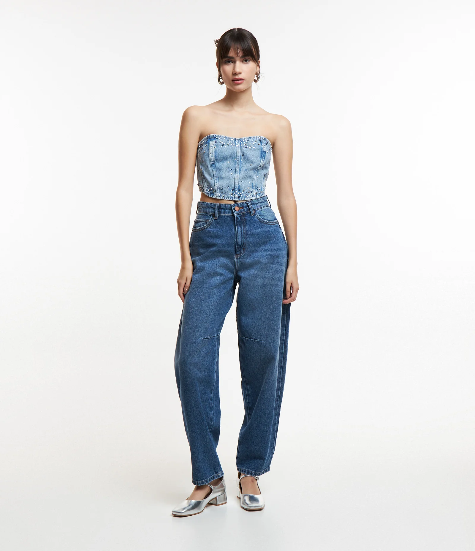 Top Tomara Que Caia em Jeans com Brilho e Recortes Azul 2