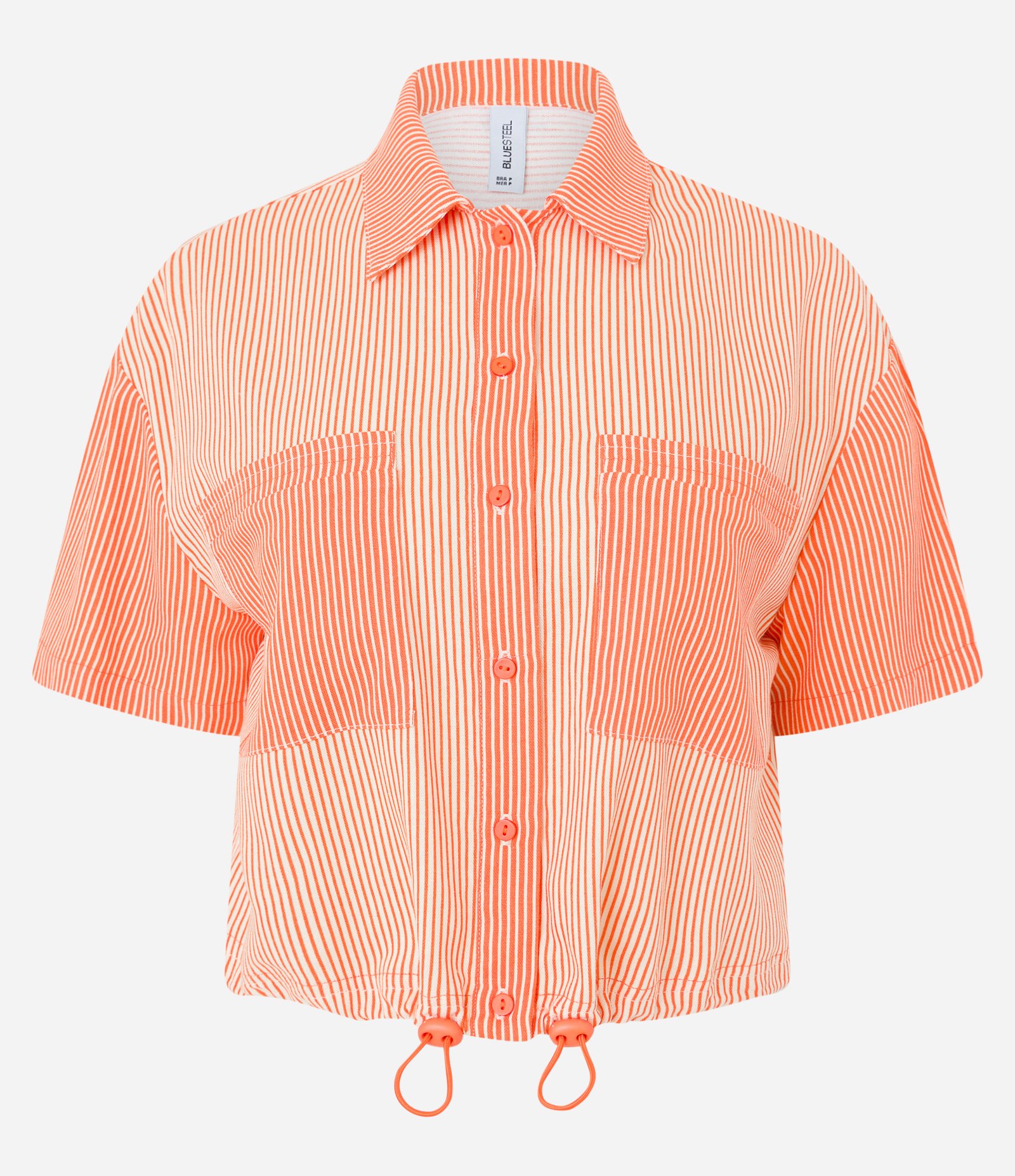 Camisa Curta em Viscose e Linho Listrada e com Bolsos Frontais Laranja 6