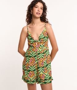 Macacão Curto em Viscose com Estampa Tropical