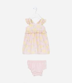 Vestido Infantil com Babadinhos e Estampa Limões - Tam 3 a 18 meses
