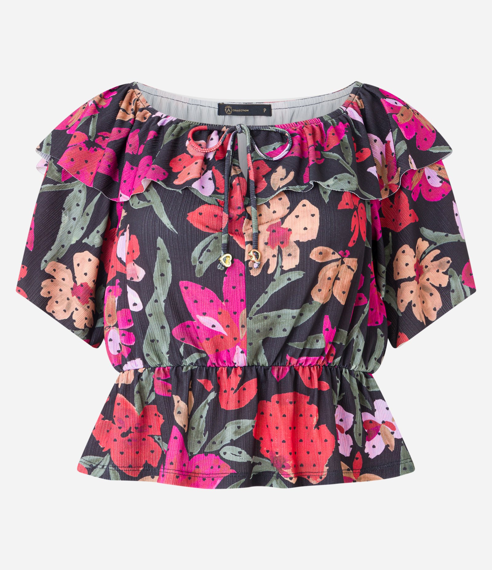 Blusa Ombro a Ombro em Malha Plissage com Estampa Floral Preto/ Rosa 6