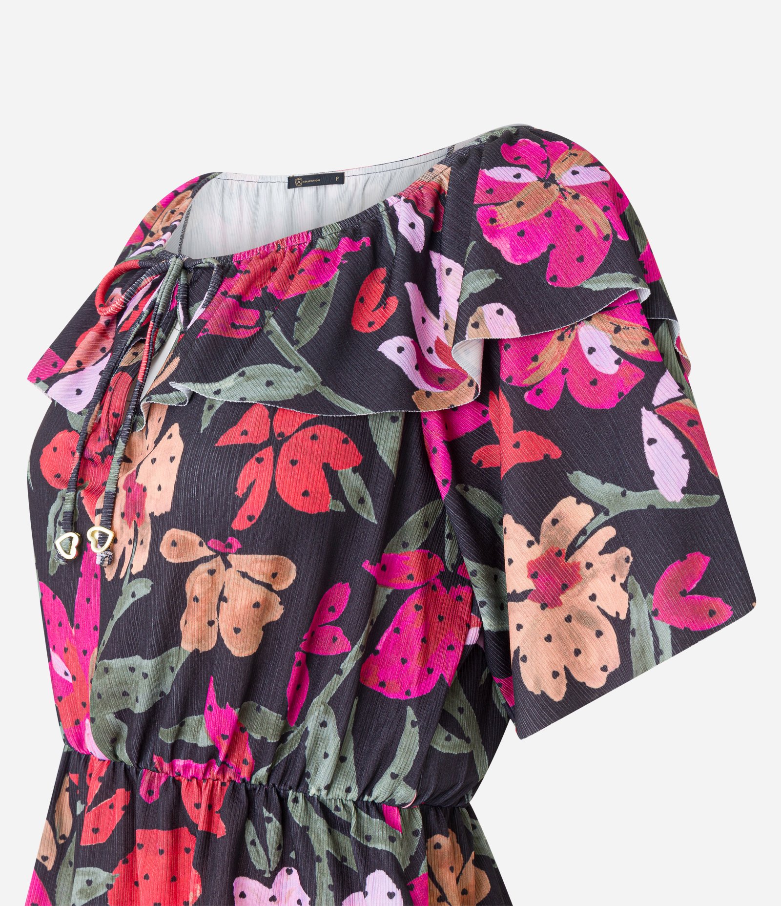 Blusa Ombro a Ombro em Malha Plissage com Estampa Floral Preto/ Rosa 7