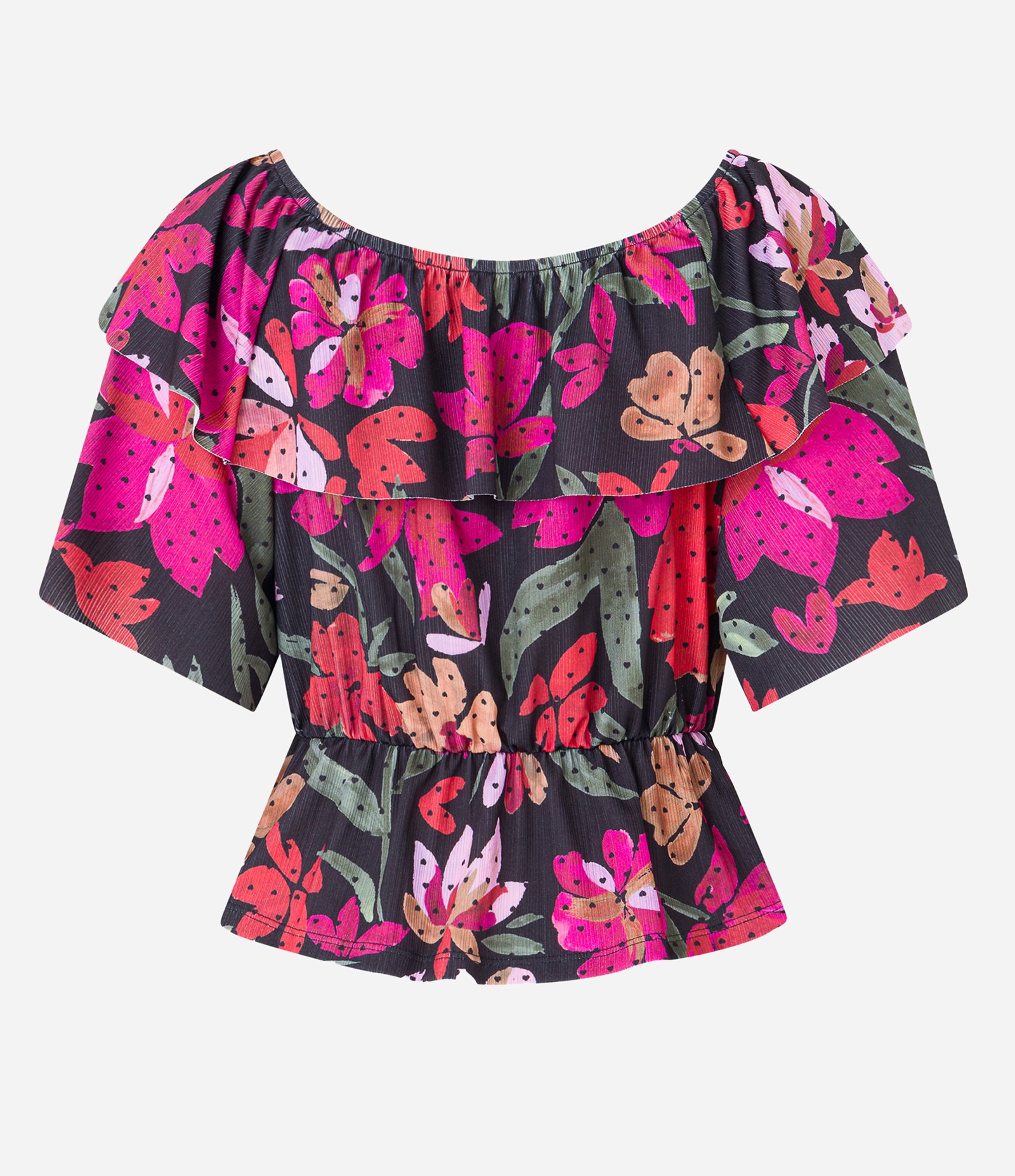 Blusa Ombro a Ombro em Malha Plissage com Estampa Floral Preto/ Rosa 8