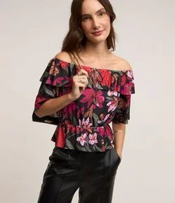 Blusa Ombro a Ombro em Malha Plissage com Estampa Floral
