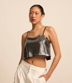 Blusa Cropped Metalizada com Fenda nas Costas