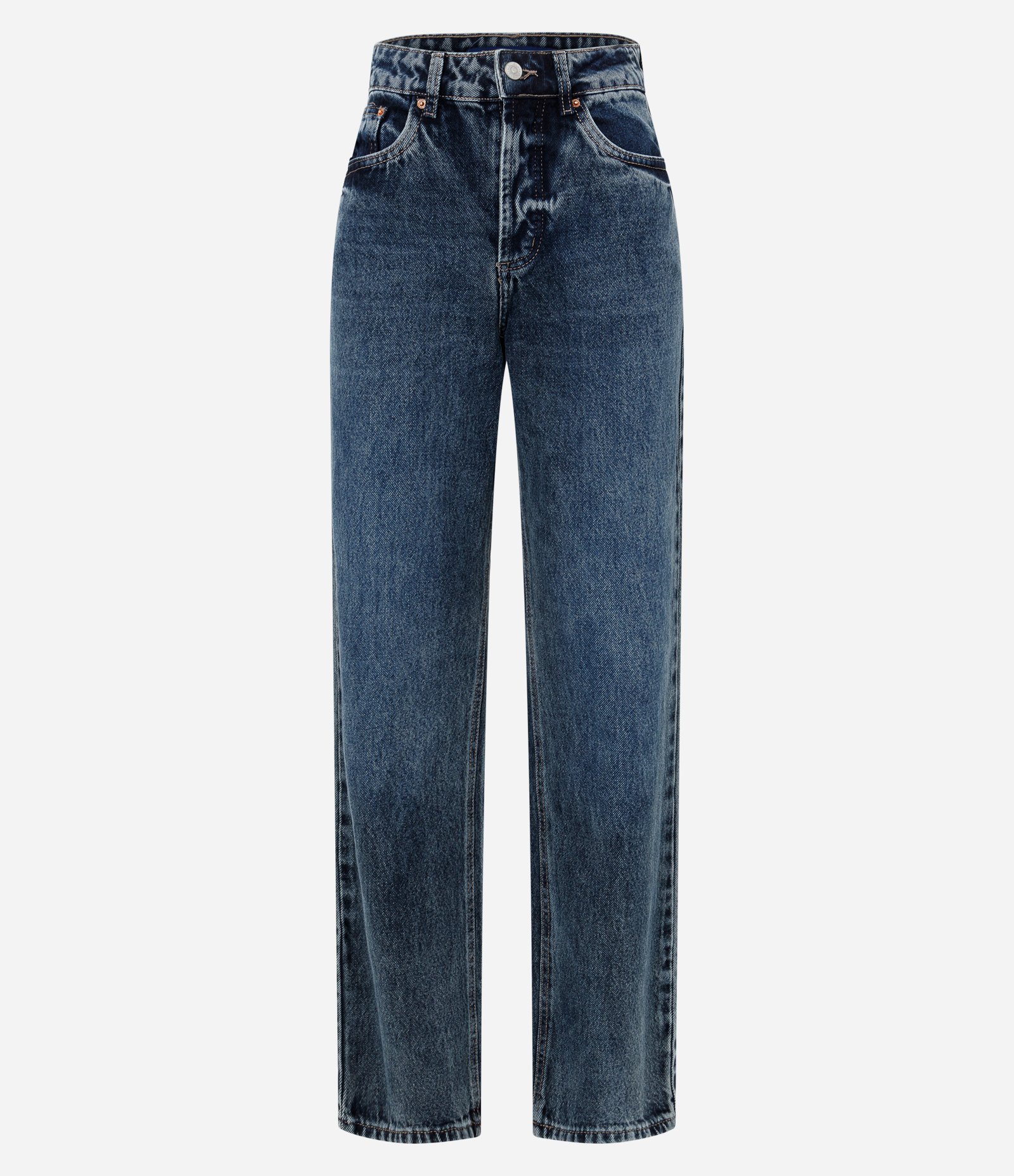 Calça Reta em Jeans com Bolsos e Vista de Botões Azul Marmorizado 5