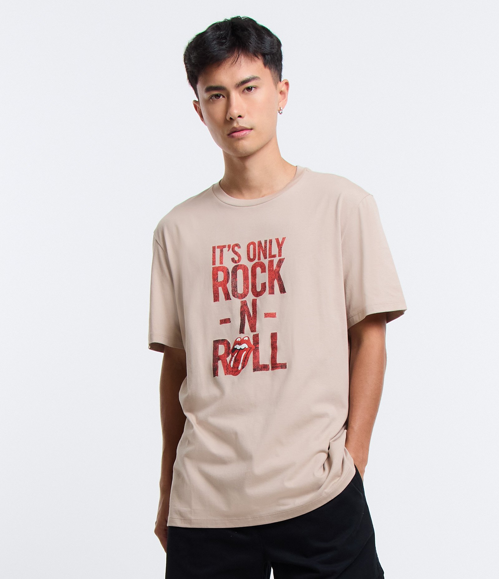Camiseta Comfort em Algodão com Estampa It's Only Rock-N-Roll Bege 1