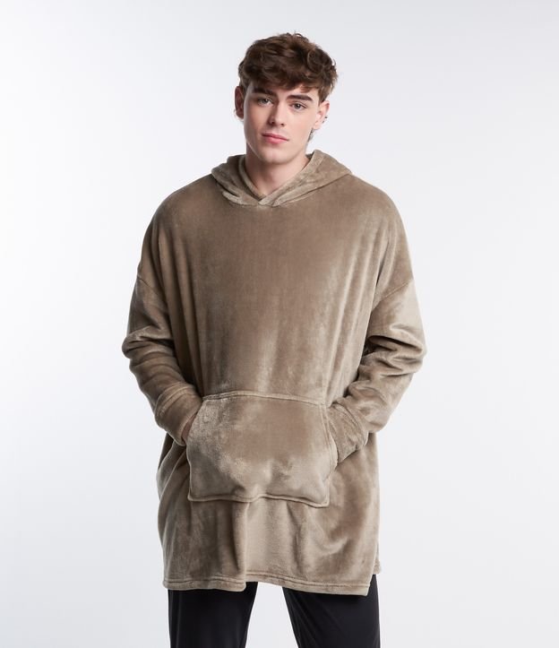 Pijama Blusão Oversized em Fleece com Capuz e Bolso Canguru