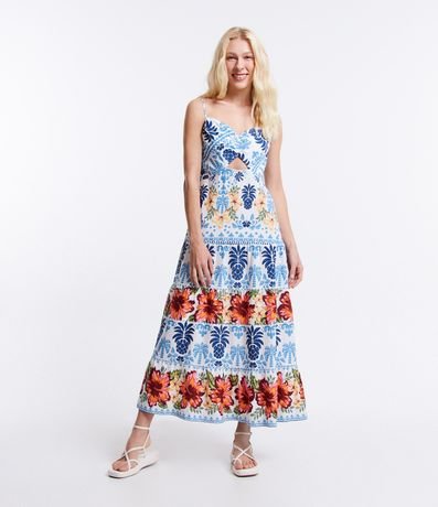 Vestido New Midi em Viscose com Linho e Estampa Floral Menor preço em Vestido New Midi em Viscose com Linho e Estampa Floral