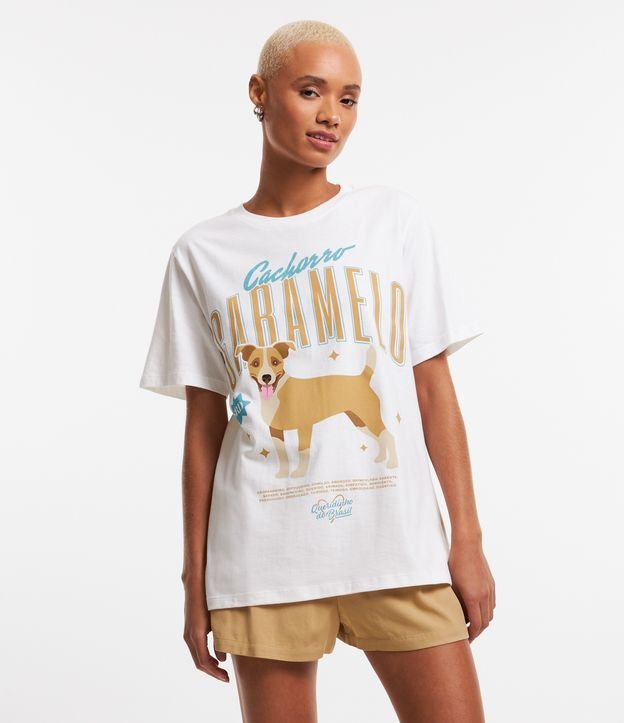 Camiseta Alongada em Algodão com Estampa Cachorro Caramelo