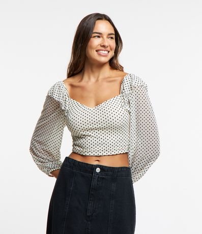 Blusa Cropped em Tule Poá com Babados nos Ombros Menor preço em Blusa Cropped em Tule Poá com Babados nos Ombros