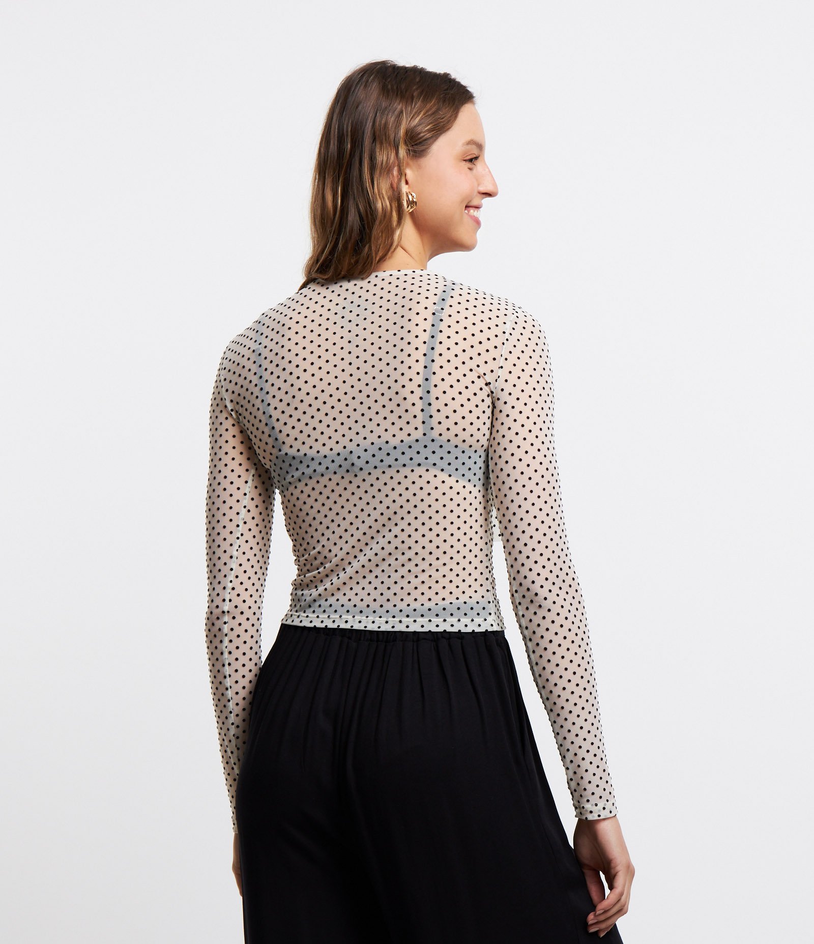 Blusa em Tule Estampa Poá com Babados Branco 3