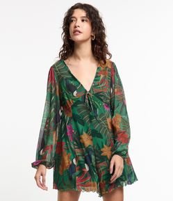 Macaquinho Curto em Tule com Frufru na Barra e Estampa Tropical