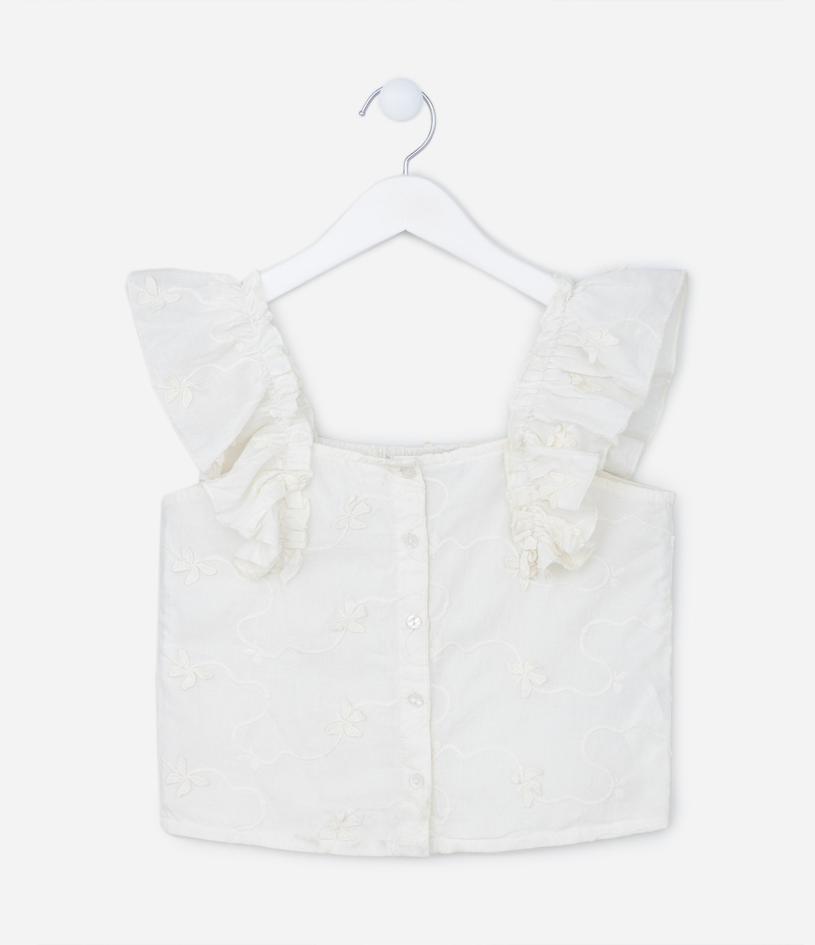 Blusa Infantil com Babados e Textura de Borboletas - Tam 5 a 14 Anos Branco Neve 1