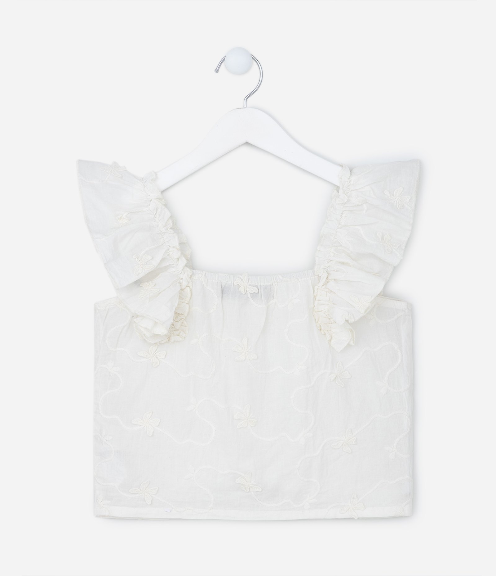 Blusa Infantil com Babados e Textura de Borboletas - Tam 5 a 14 Anos Branco Neve 2