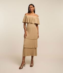 Saia Reta Midi em Viscose com Fio Metalizado e Sobreposições