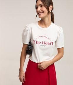 Camiseta em Algodão com Manga Bufante e Estampa Lettering Corações