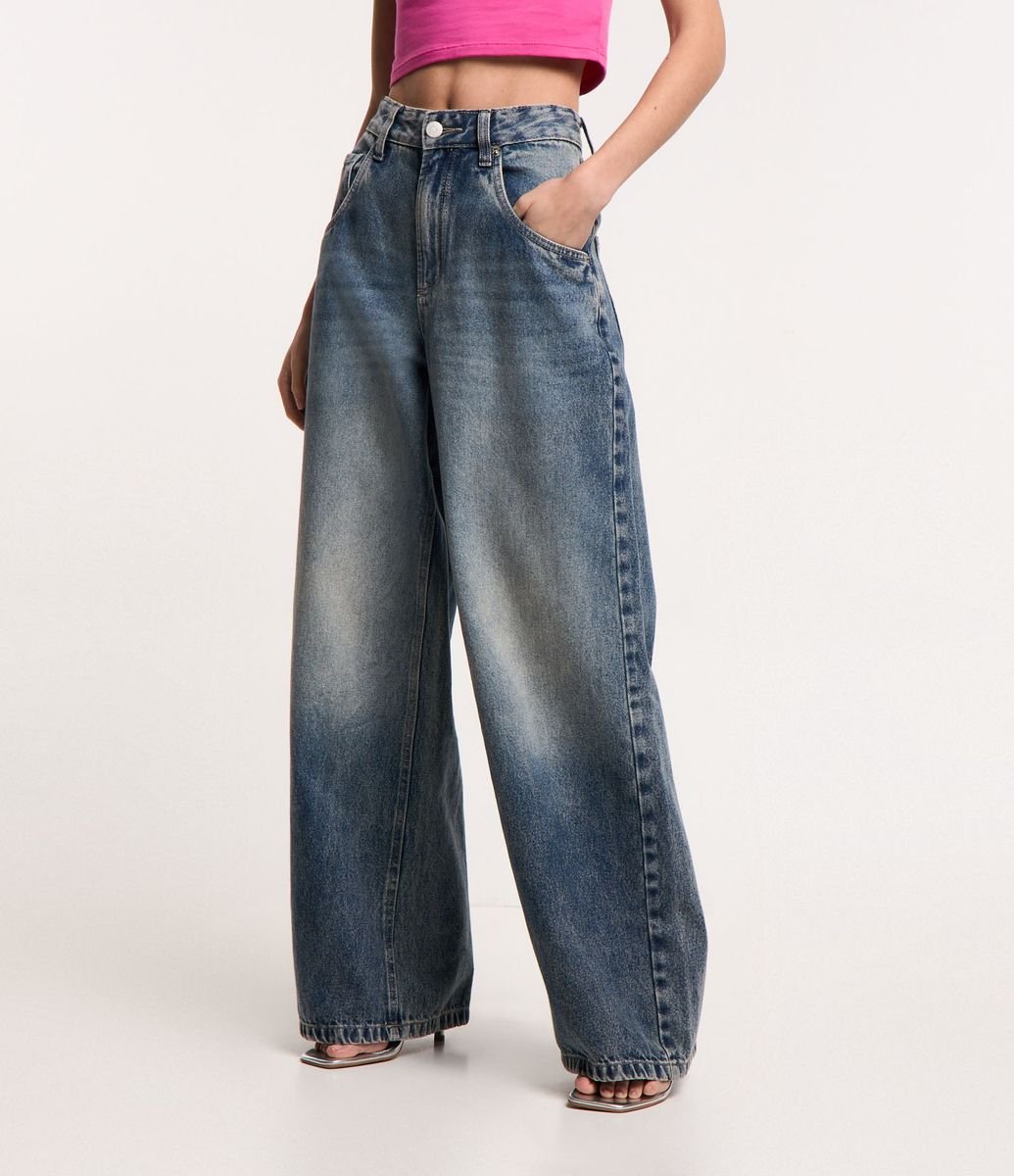 Calça Wide Leg em Jeans Lavado com Bolsos Azul - Renner