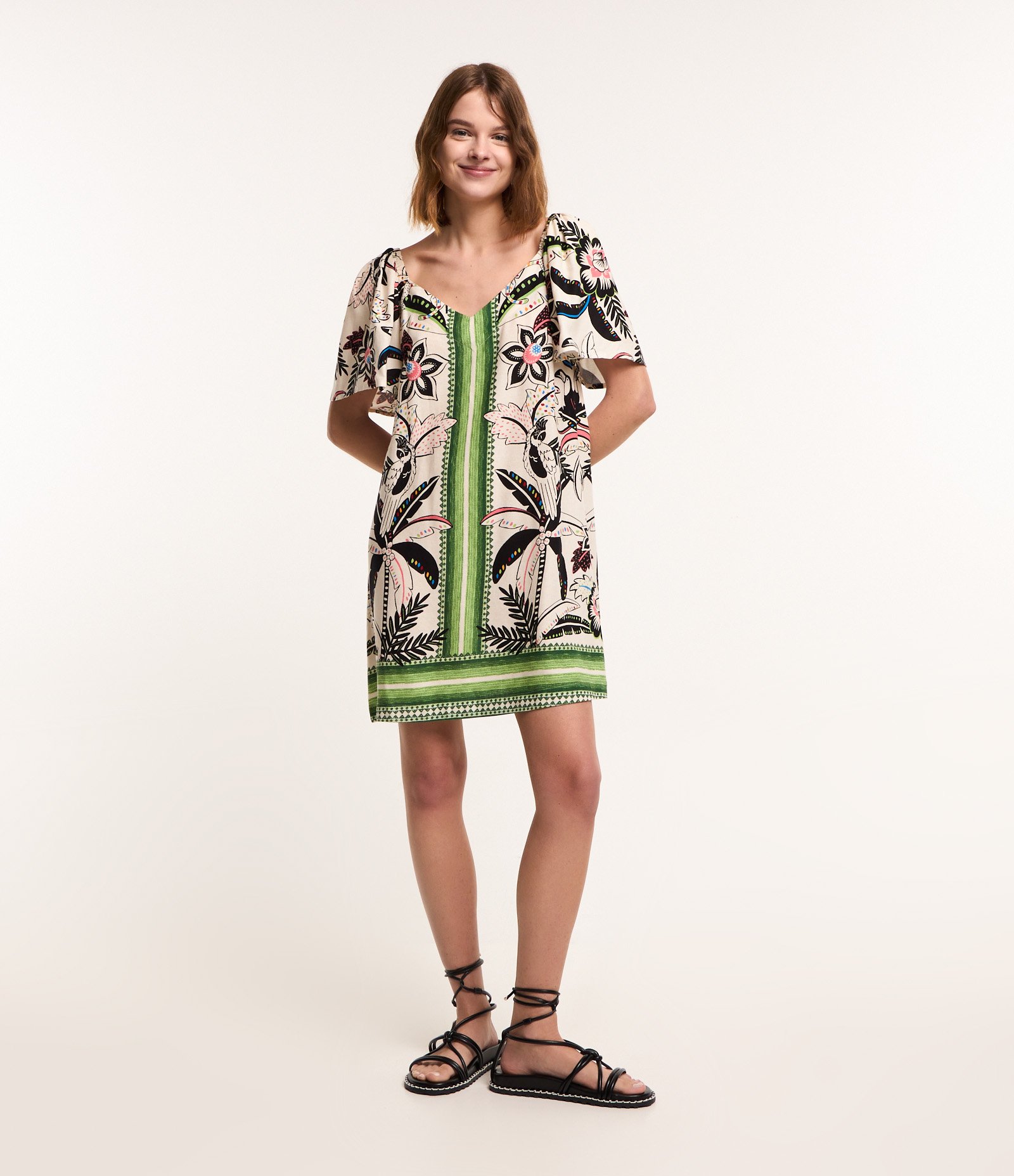 Vestido Curto em Viscose com Linho e Estampa Floral Branco 2