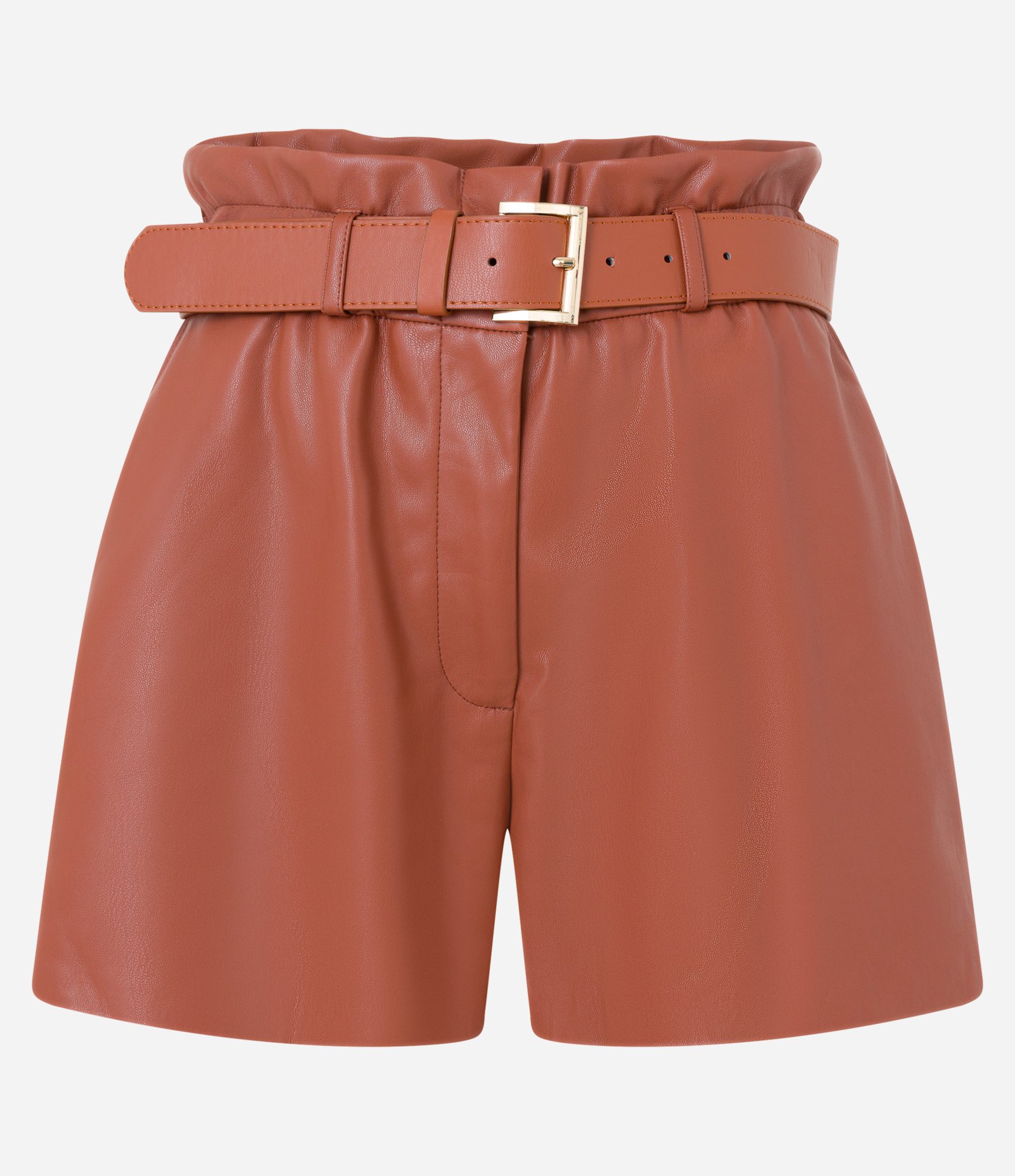 Short Clochard em PU com Cinto Fivela Marrom 5