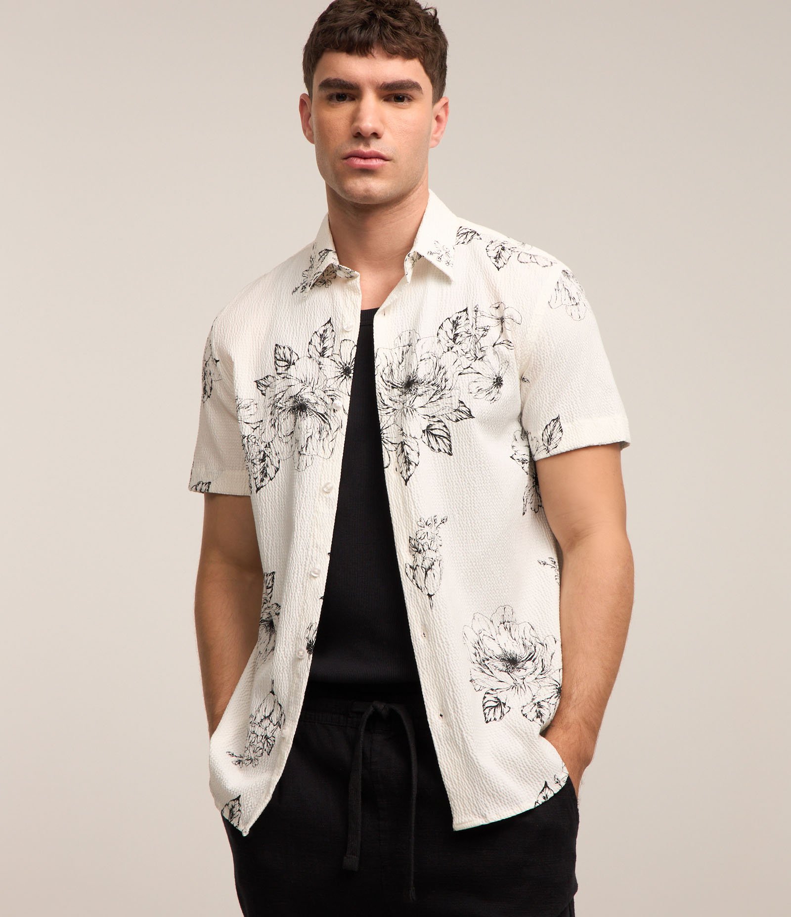 Camisa em Algodão com Texturas e Estampa Botânica Floral Off White 1