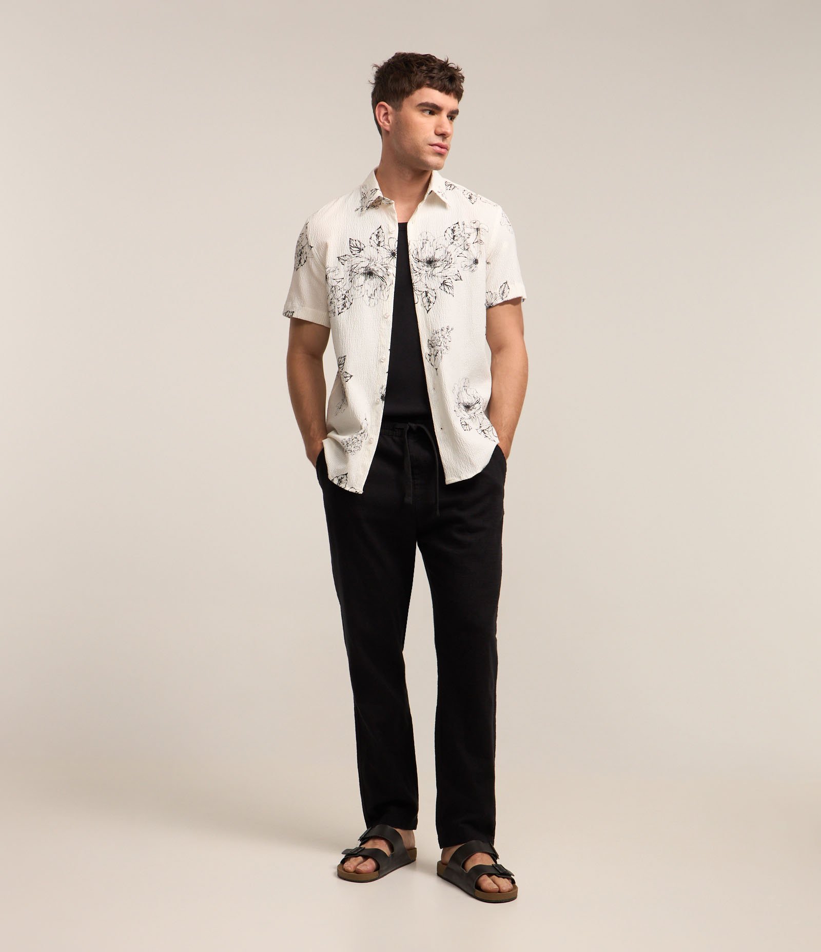 Camisa em Algodão com Texturas e Estampa Botânica Floral Off White 2