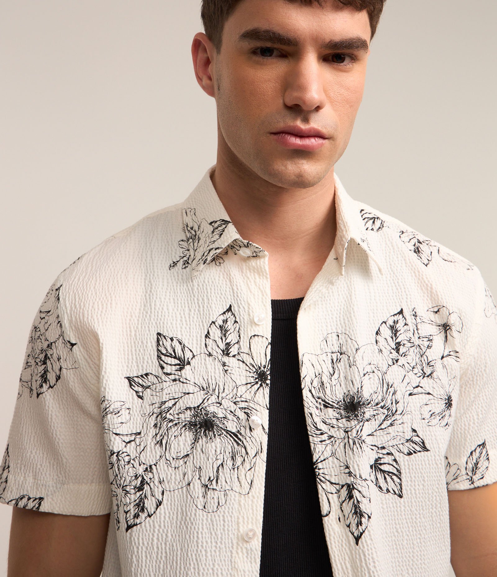 Camisa em Algodão com Texturas e Estampa Botânica Floral Off White 3