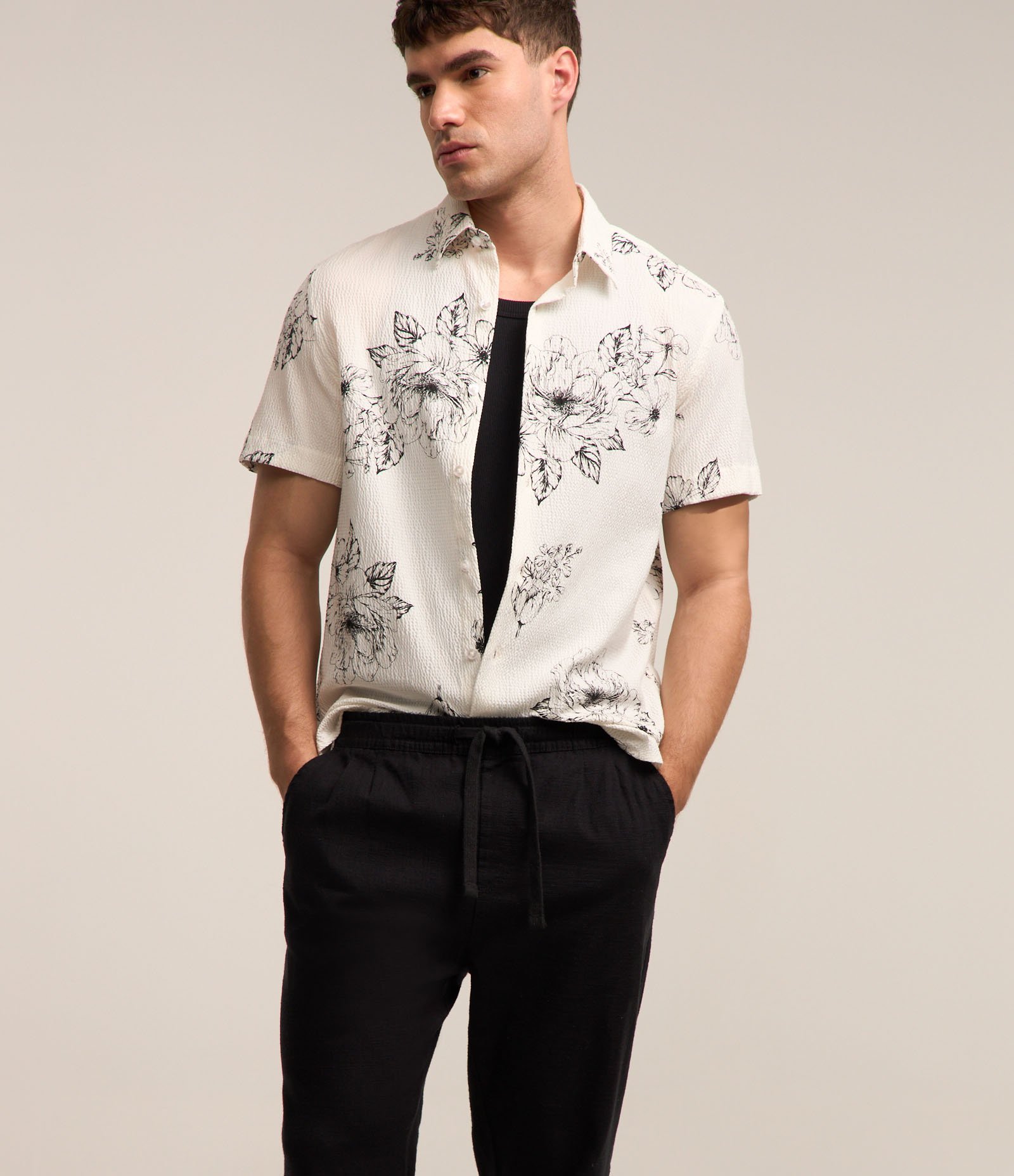 Camisa em Algodão com Texturas e Estampa Botânica Floral Off White 6
