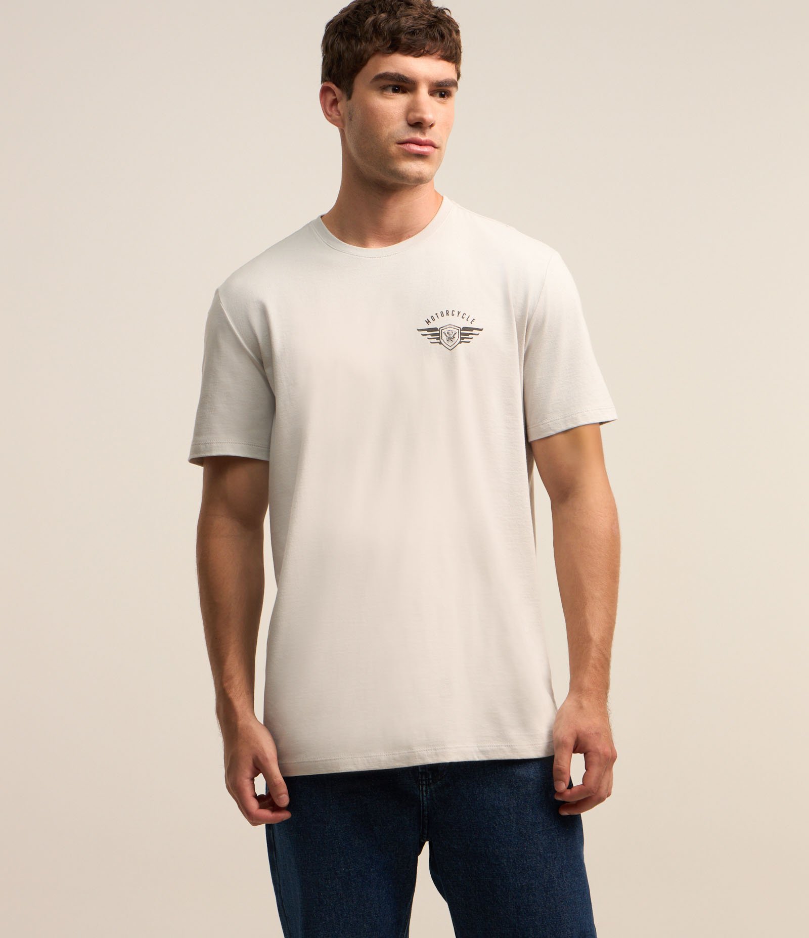 Camiseta em Algodão com Estampa Brasão Motorcycle Cinza Claro 1