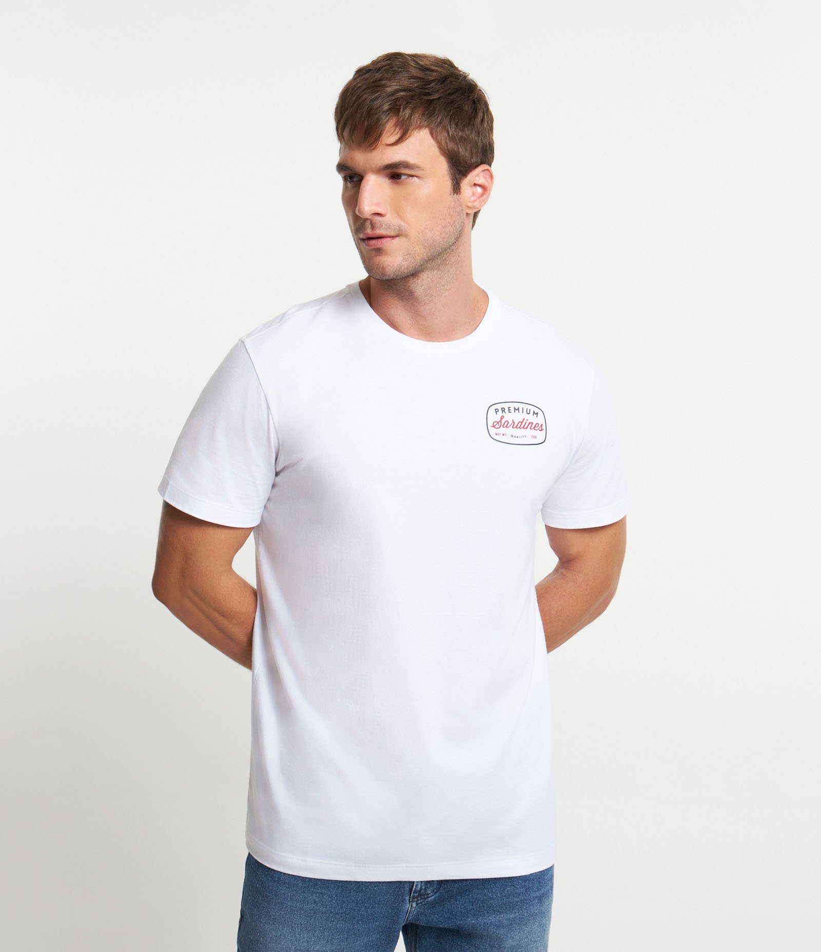 Camiseta em Algodão com Lettering Sardine Estampado Branco 1