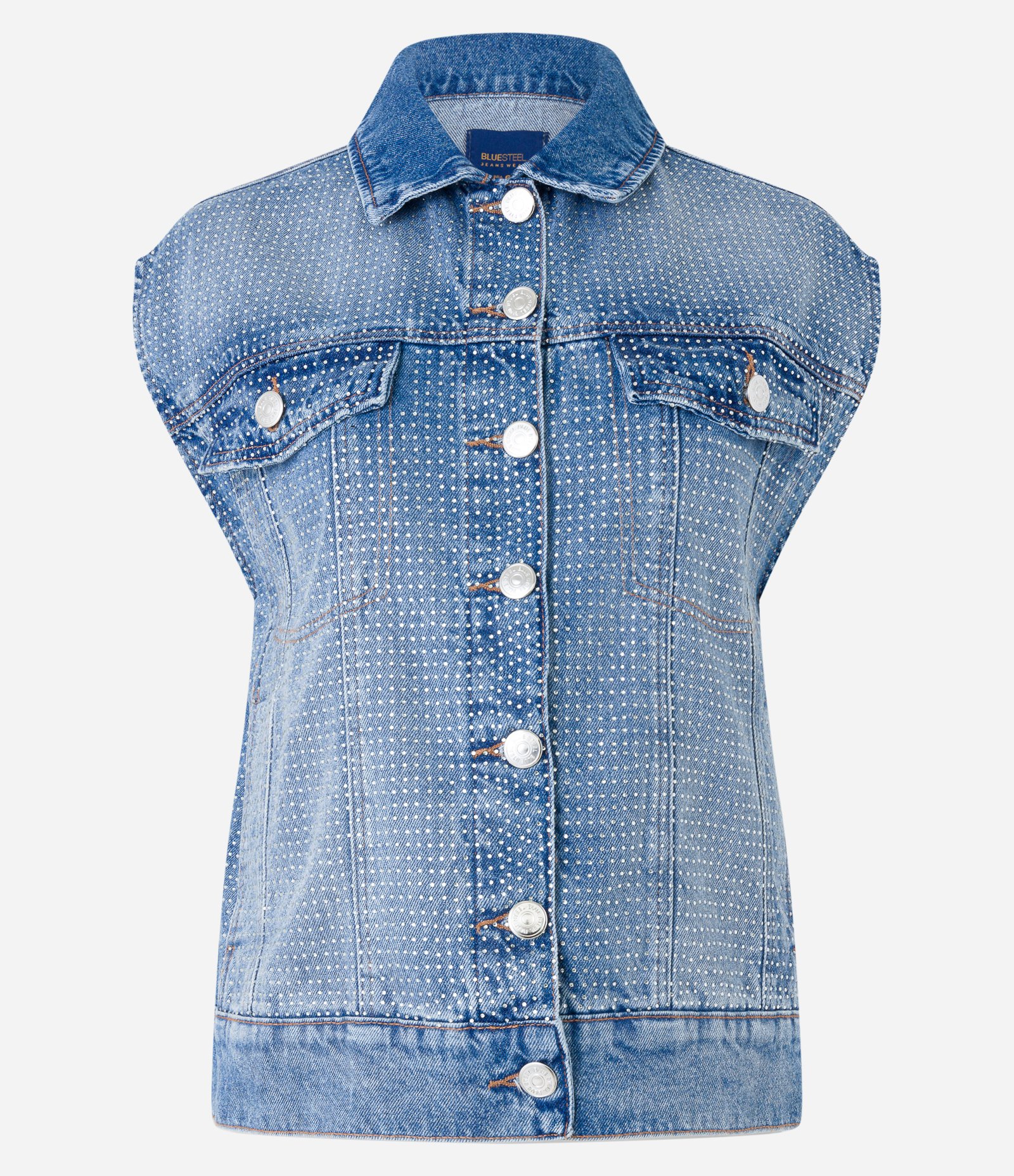 Colete Amplo em Jeans com Lapelas e Brilho de Strass Azul 7