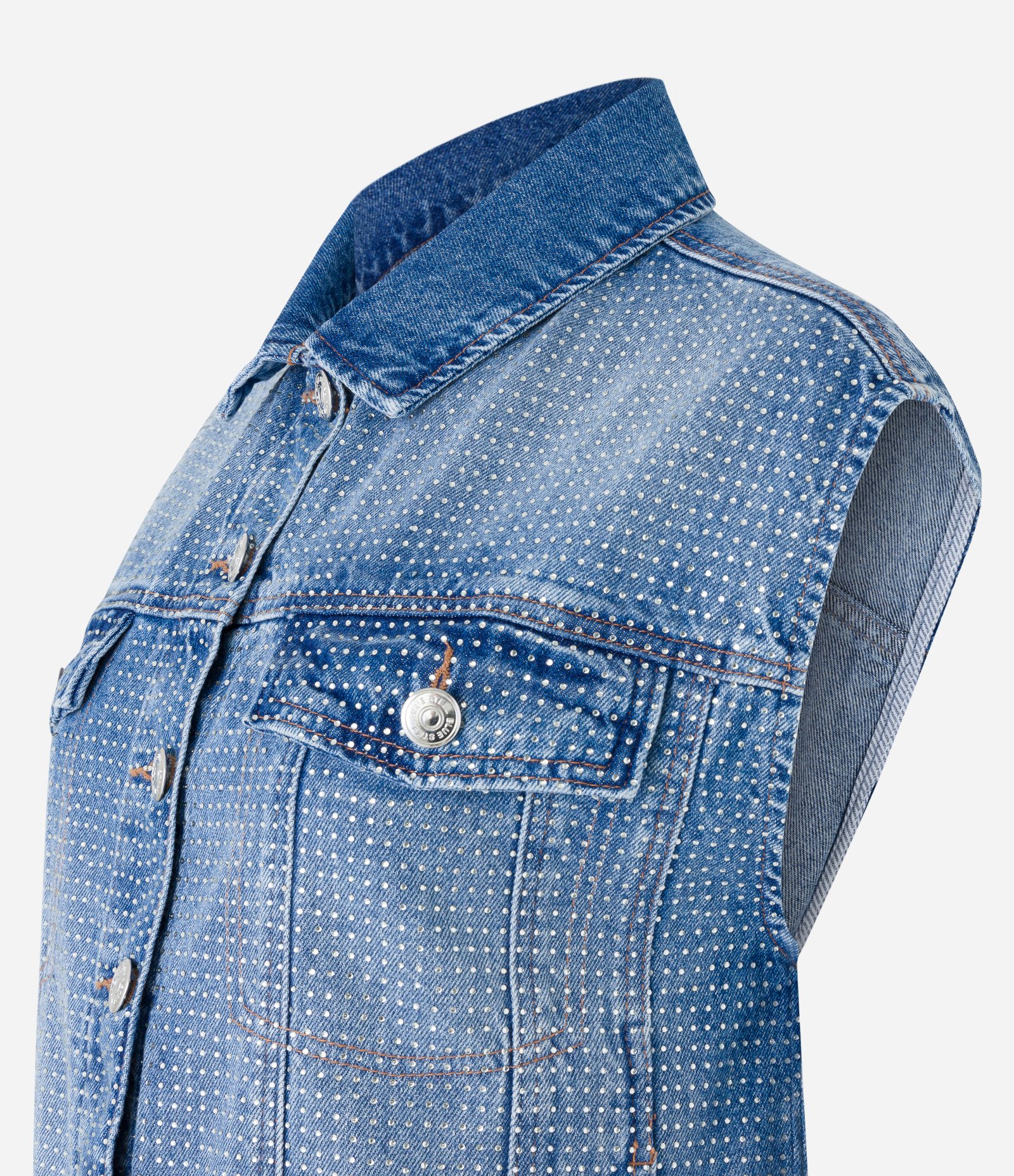 Colete Amplo em Jeans com Lapelas e Brilho de Strass Azul 8