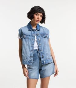 Colete Amplo em Jeans com Lapelas e Brilho de Strass