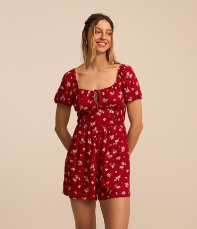 Macaquinho em Viscose com Amarração no Busto e Estampa Floral Macaquinho em Viscose com Amarração no Busto e Estampa Floral