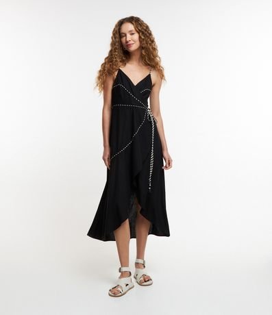 Vestido New Midi em Viscose e Linho Transpassado com Amarração Lateral Menor preço em Vestido New Midi em Viscose e Linho Transpassado com Amarração Lateral