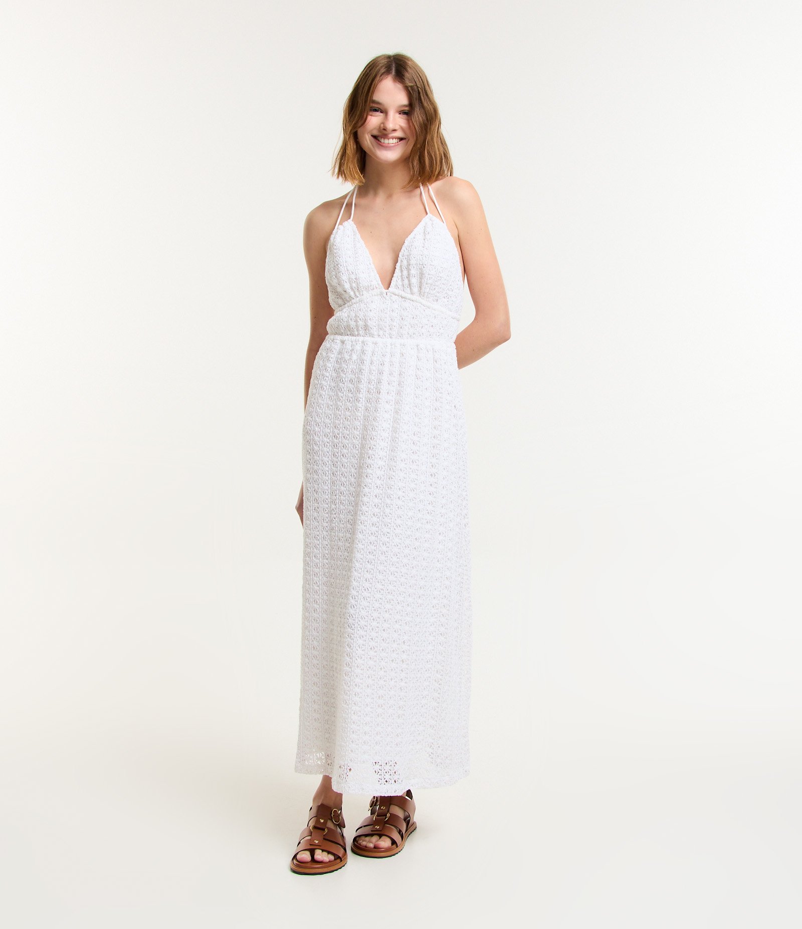 Vestido New Midi Frente Única em Renda com Amarração Branco 1