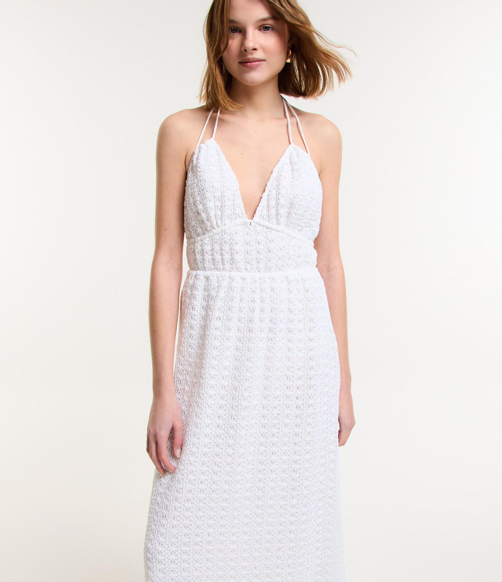 Vestido New Midi Frente Única em Renda com Amarração Branco 2