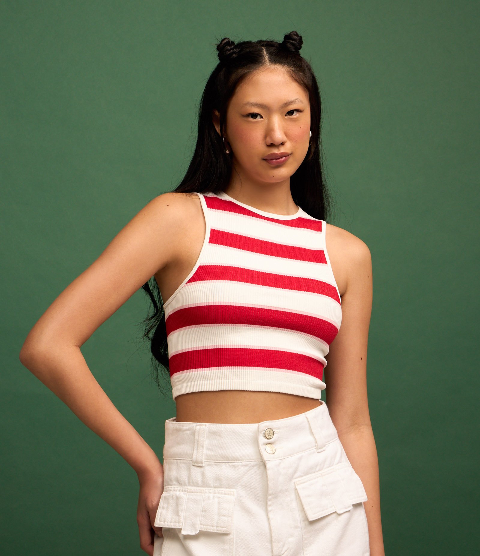 Blusa sem Manga Seamless com Listras Branco/Vermelho 1