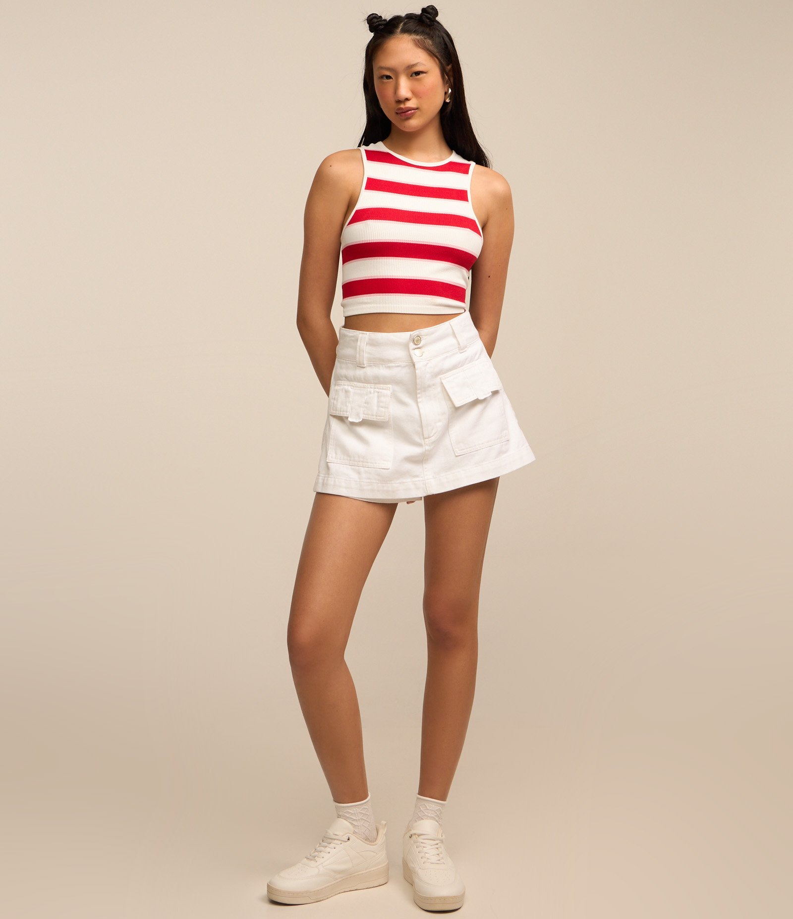 Blusa sem Manga Seamless com Listras Branco/Vermelho 2