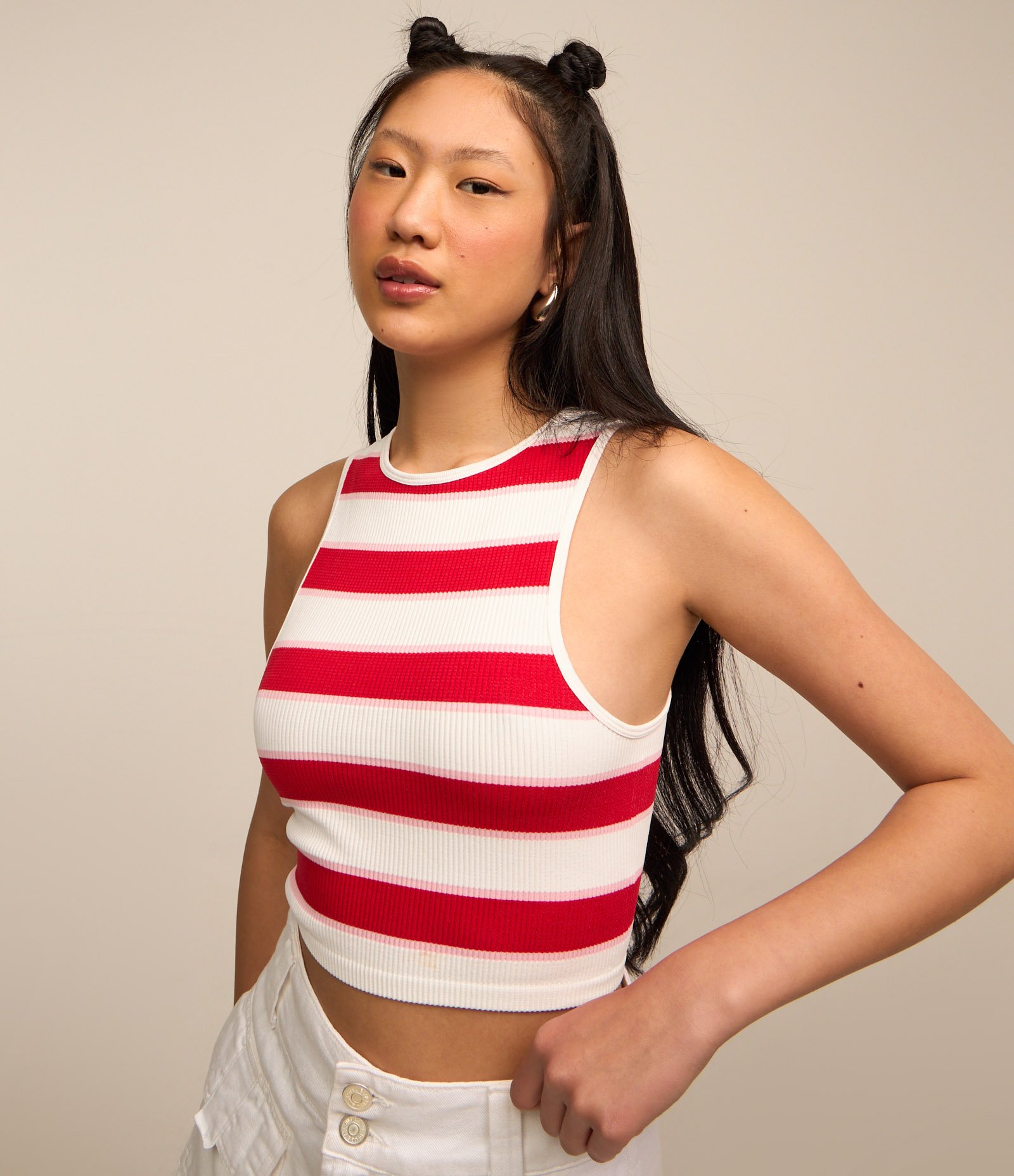 Blusa sem Manga Seamless com Listras Branco/Vermelho 3