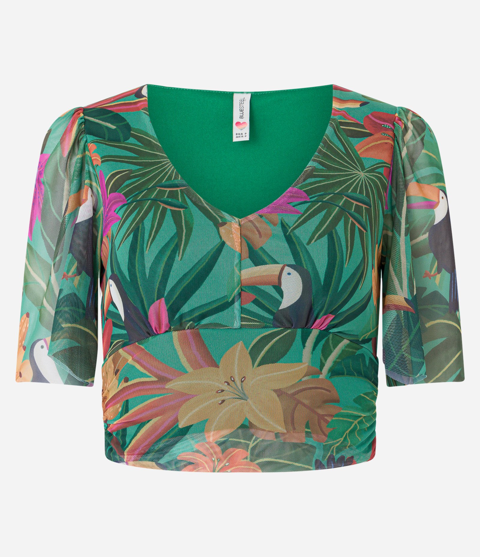 Blusa Manga Curta em Tule com Estampa Tropical Verde 5