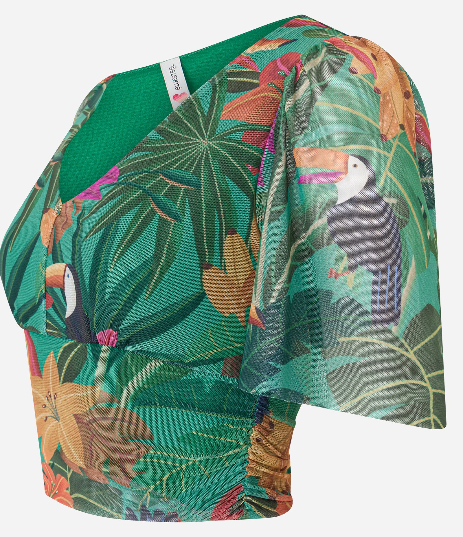 Blusa Manga Curta em Tule com Estampa Tropical Verde 6