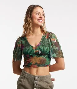 Blusa Manga Curta em Tule com Estampa Tropical