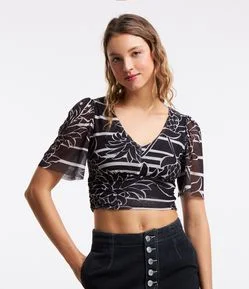 Blusa Manga Curta em Tule Listrado com Estampa Tropical